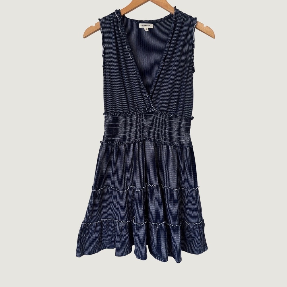 Max Studio Navy Blue Pinstripe Smocked Tiered Mini Dress XS Nautical summer